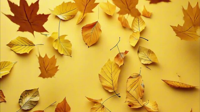 Minimalistic autumn background. Yellow leaves flying on yellow background flat lay top view. Falling autumn leaves concept, creative mockup
