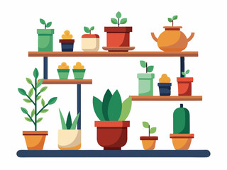 A shelf with several small flower pots in different shapes and sizes. White background, interior design concept