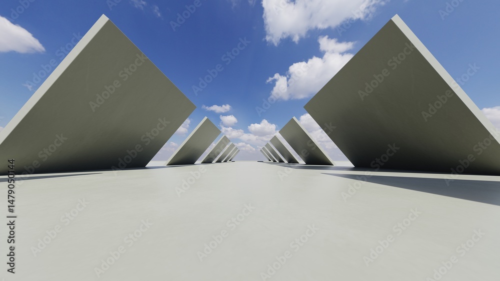 Aufkleber 3d render of abstract modern geometry architecture with empty cement floor, minimal exterior, car pr