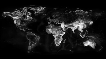 World Map at Night in Black and White Showing City Lights from Space Global Perspective Monochrome