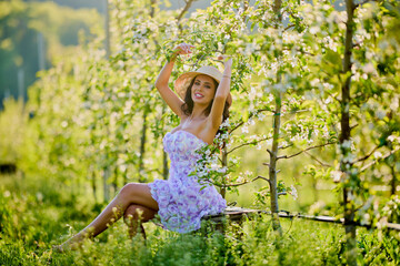 portrait of a beautiful woman in a dress sitting on a bench in a blooming apple orchard with a...