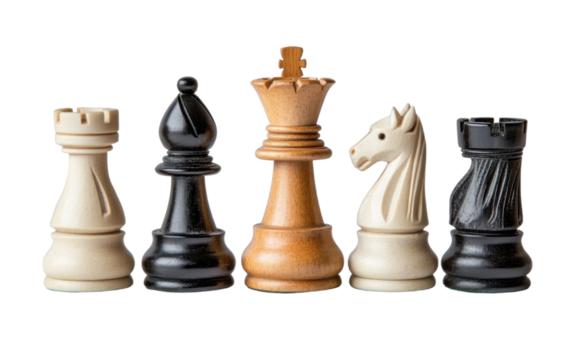 Row of chess pieces, including a king, a knight, a bishop, a rook, and a pawn