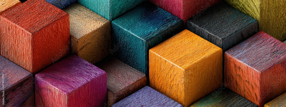 Aufkleber a vibrant collection of colorful wooden cubes, meticulously arranged in a dynamic pattern, showcasin