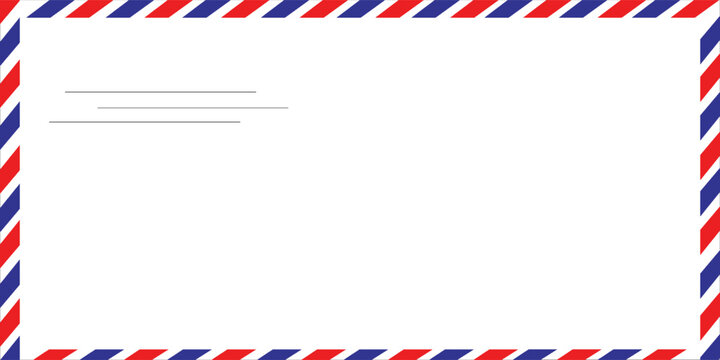Airmail Envelope frame images with strips. International vintage letter border. Retro air mail postcard with blue and red stripes.  Empty classic postal frame. Vector illustration