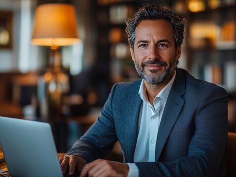 Gesch&auml;ftsmann im Anzug bei Videokonferenz am Schreibtisch