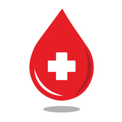 Red Blood Drop Icon with White Medical Cross Symbol. Illustration of a stylized red droplet featuring a white medical cross, symbolizing health and blood donation. The graphic uses clean lines 