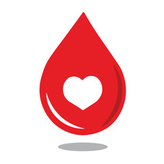 Red Droplet Icon Featuring a White Heart with Minimalist Design. Modern icon depicting a vibrant red droplet with a white heart inset, symbolizing blood donation, love, and health. Simple shading 