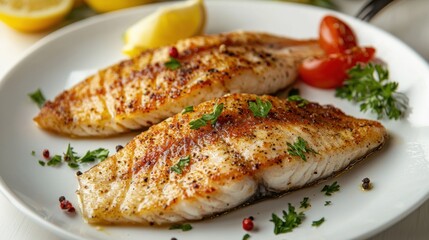 Pan-seared tilapia fillet on a minimalist white plate