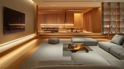 A modern living room with a minimalist design, featuring a large sectional sofa, a coffee table, and a flat screen TV. The room is decorated with warm lighting and wooden accents