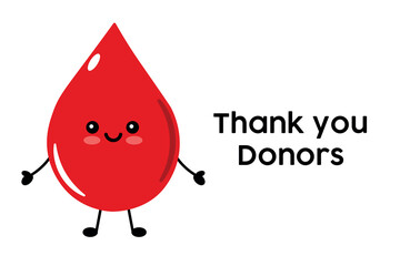 Cartoon Blood Drop Character Illustration With Thank You Message. A cute cartoon blood drop character illustration with a thank you donors message, conveying gratitude and appreciation for blood donat