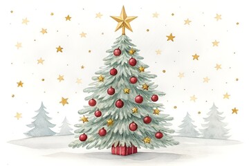 Obraz premium Watercolor Christmas Tree with Golden Star and Red Ornaments on White Background