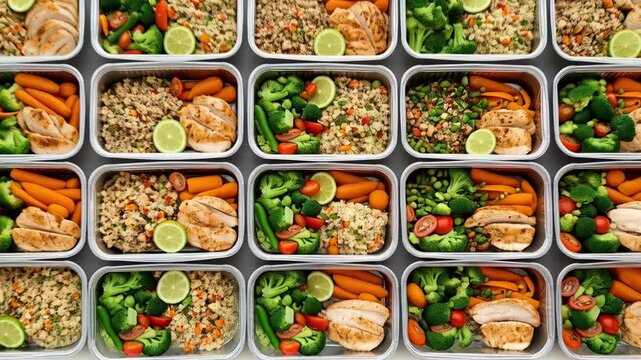 Meal prep containers filled with chicken, rice, broccoli, carrots and lime for healthy eating