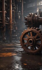 Rusting gears, dripping pipes, shadowed factory floor,  dark,  cogs