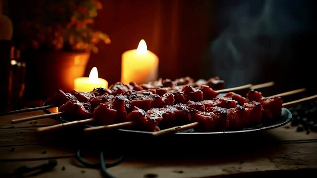 Grilled meat skewers served with a backdrop of glowing candles, creating an inviting dining experience