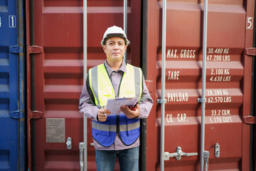 Customs clearance officer or shipyard engineer is inspects against the import - export cargo containers.