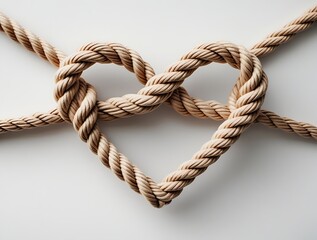 Obraz premium Creative heart-shaped rope knot symbolizing love, connection, and unity, crafted from natural fiber against a minimal white background, representing strong emotional bonds