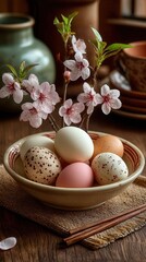 Peaceful spring arrangement with cherry blossoms and colorful eggs on wooden table