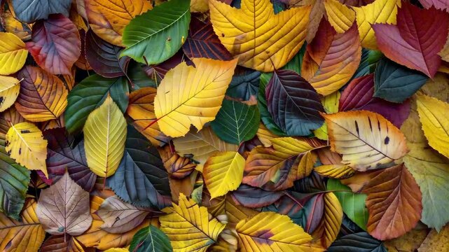 Colorful bright autumn leaves top view close up. Pattern of fall yellow orange red green leaves. Autumn background, wallpaper