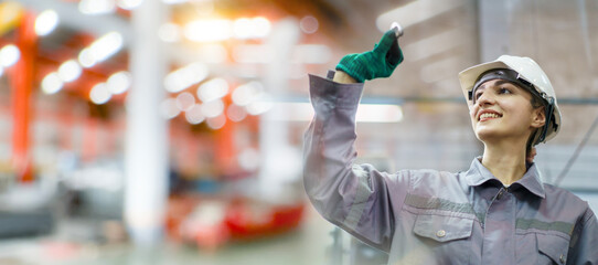 Caucasian white female quality control engineer examining a quality of metal part randomly.