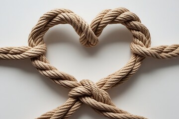 Obraz premium Creative heart-shaped rope knot symbolizing love, connection, and unity, crafted from natural fiber against a minimal white background, representing strong emotional bonds