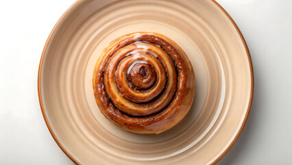 Vegan baking Vegan cinnamon roll baking on beige plate with sweet glaze topping in cozy setting