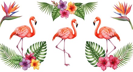 Watercolor Paradise: Flamingoes and Tropical Blooms