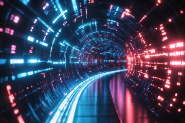 Fototapeta premium Glowing red and blue abstract digital tunnel with futuristic lights and curved pathways, Abstract digital tunnel with glowing blue and pink lights