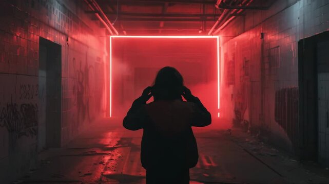 A young woman with her back turned walks through an abandoned dark room illuminated by red light