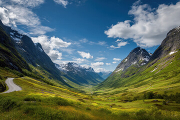 Fototapeta premium Serene mountain valley landscape with winding road, snow-capped peaks, and vibrant green meadows under a bright summer sky. A picturesque scene of nature's beauty. : Generative AI
