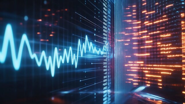 Abstract Data Visualization with Glowing Lines and Digital Waveforms on Dark Surface