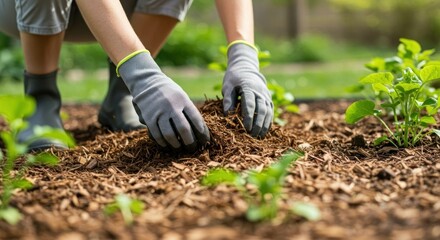 Fototapeta premium Gardening Hands Mulching Plants Spring Season