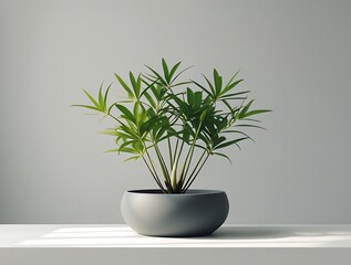 Fototapeta premium Minimalistic indoor plant in a modern round gray pot placed on a white surface with soft natural lighting, casting shadows and enhancing a clean, contemporary aesthetic