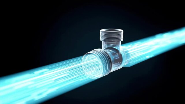 Futuristic pipe fitting with glowing blue digital flow, symbolizing high speed data transfer, technology, and innovation network infrastructure, featuring transparent threaded T junctions and modern