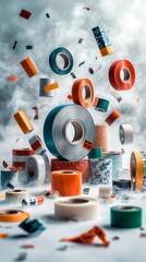 Rolls of adhesive tape levitating in a smoky background