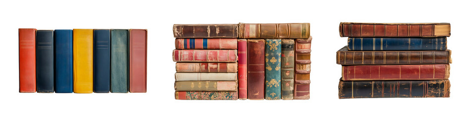 Collection of retro and antique books with aged spines, transparent background.