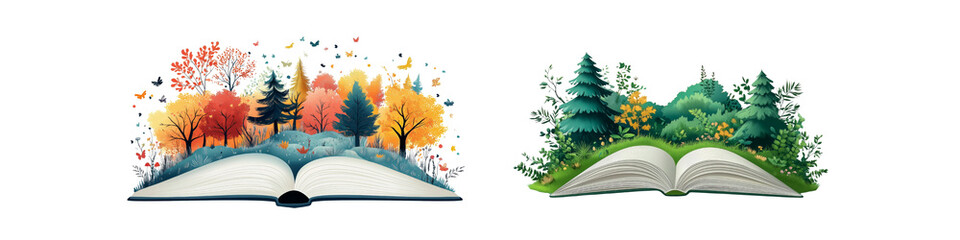 Collection of open books with magical landscapes, transparent background.