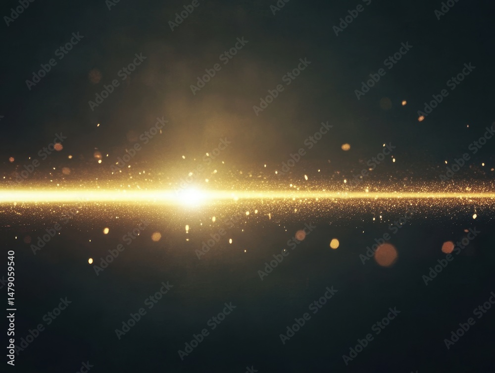 Canvas Prints golden light streak with bokeh particles on dark background, abstract glowing line with blurred spot