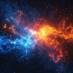 Fototapeta premium Abstract Cosmic Energy Flow: Blue And Orange Glowing Particles In Space.