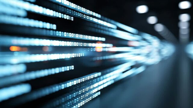Futuristic binary code data stream and digital technology background with glowing blue numbers, abstract motion blur, and high speed data transfer innovation in modern, blue, glowing environment - Powered by Adobe