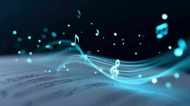 Musical note abstract blue wave glowing creative background with melody, sound, and light, featuring vibrant flowing energy, digital art, and harmony abstract blue music notes and glowing wave flow