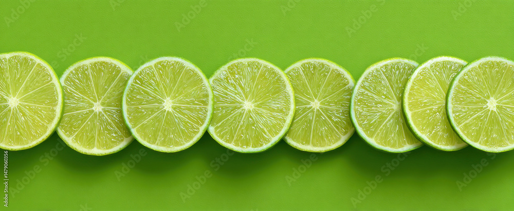 Poster a row of eight juicy lime slices arranged on a vibrant green background, showcasing their bright gre