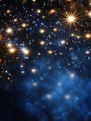 Obraz premium Sparkling stars in dark blue night sky digital background with bokeh effect and golden light bursts celestial wallpaper for holiday season