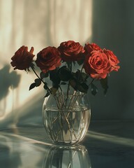 Roses in a vase, bathed in sunlight