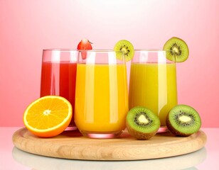 Fototapeta premium Three colorful juices with fruit slices on wooden tray, kiwi and orange beside, pink background.