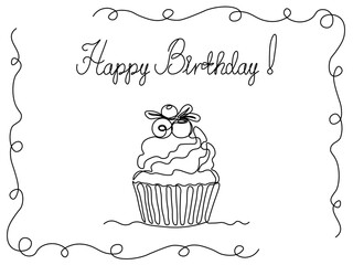 Abstract Birthday card with inscription and cupcake, continuous single one line art drawing sketch, logo