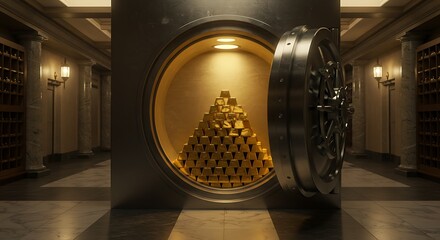 big unlocked round metal safe in a bank depository with a pyramid of gold bars and lock-boxes inside