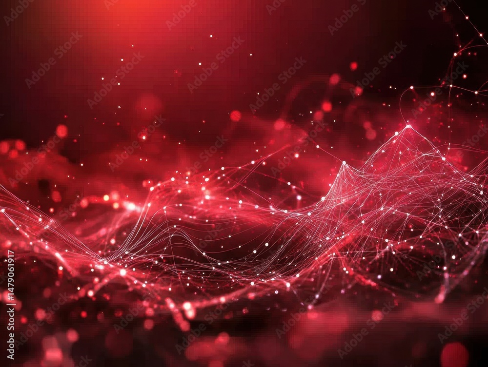 Poster abstract red network visualization with connecting dots and lines representing data flow and communi