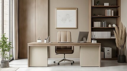 A soft beige office workspace with wooden furniture that introduces an inviting, grounded tone