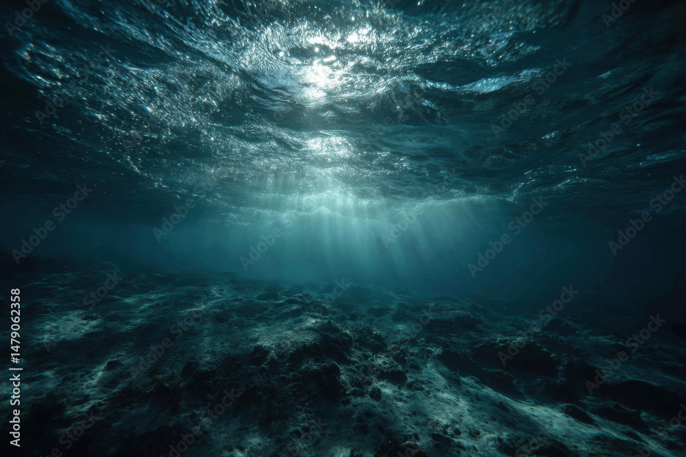 Aufkleber Sunbeams penetrate the ocean surface, illuminating a dark seabed with rocky formations and creating a dramatic underwater scene. : Generative AI
