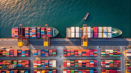 Obraz premium Aerial View of Cargo Ships at Port Container Terminal Global Trade and Shipping